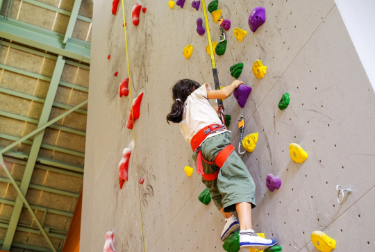 Mur d'escalade : Une petite fille grimpe
