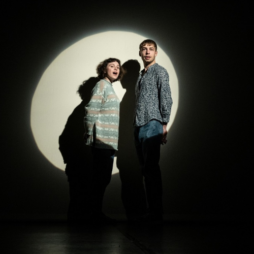 Dominique toute seule : Un couple d'artistes devant un rond de lumière