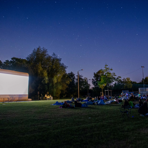 Séances de cinéma plein air à Lille : Des familles couchées dans l'herbe en face d'un écran géant