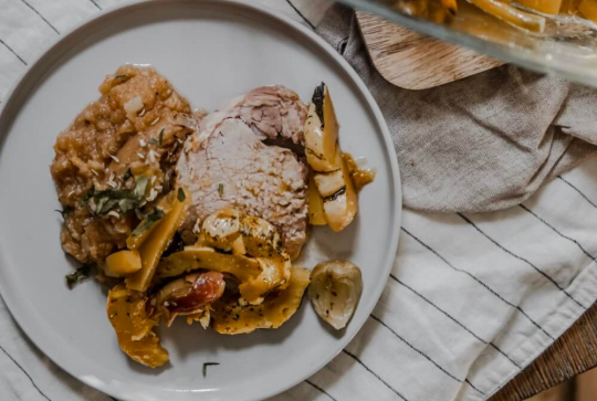 Rôti de porc aux patidou et purée de rutabaga et topinambour