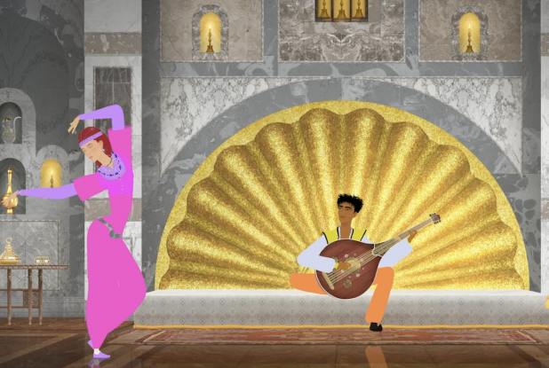 Le Pharaon, le Sauvage et la Maîtresse des Roses : danseuse et joueur de guitare