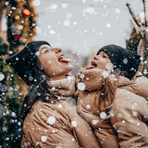 Marchés de Noël 2024 en Rhône-Alpes et à Lyon : Une femme et une petite fille essayent de gober des flocons de neige