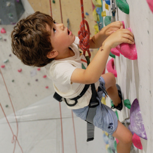 Climb Up Confluence : Un petit garçon escalade un mur