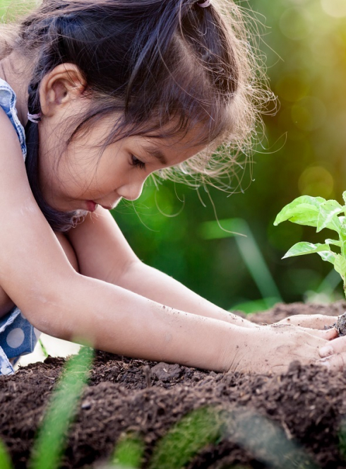 Asian little girl and parent planting young tree on black soil together as save world concept in vintage color tone