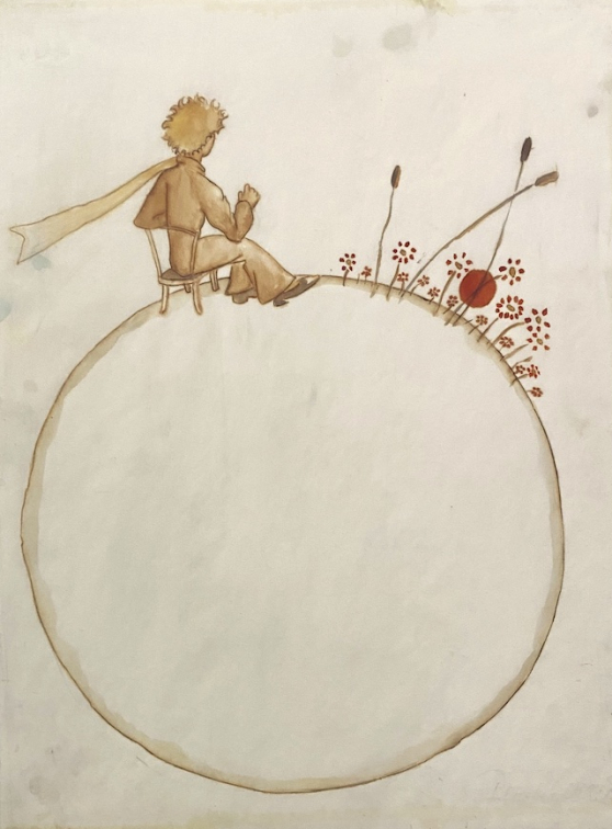 Antoine de Saint- Exupéry — Le petit prince assis sur son astéroïde, devant un parterre de fleurs