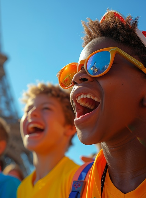 Des enfants face à la Tour Eiffel pour les Jeux olympiques