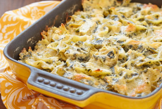 Gratin de Pâtes 3 fromages, épinard et artichaut