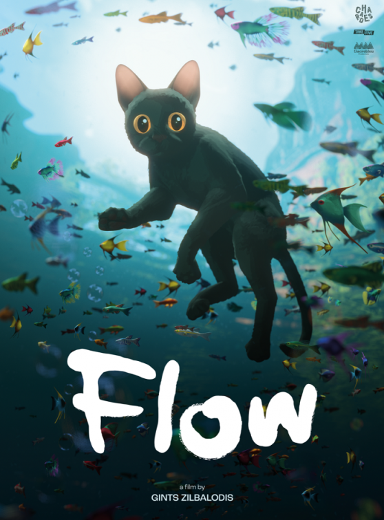 Flow : Affiche du film, un chat sous l'eau au milieu de poissons
