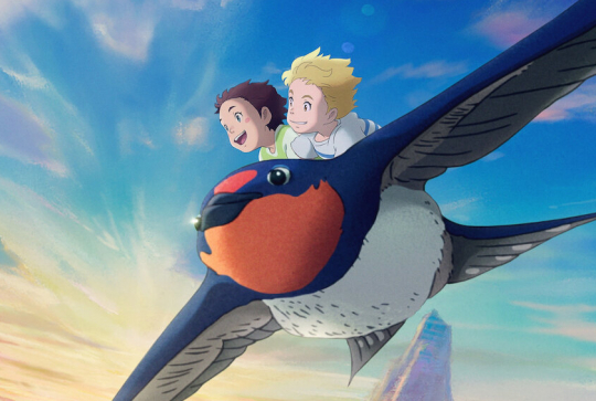 L'imaginaire : Deux jeunes sur le dos d'un énormes oiseau