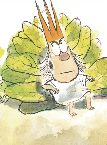 Le roi qui n'aimait pas la musique : un roi grognon sur son trône de feuilles