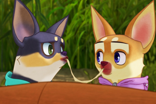 Nous, les chiens : chiens qui mangent un spaghetti