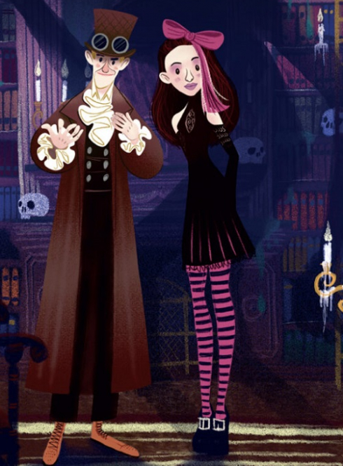 Les ExploRaconteurs : Affiche du spectacle, dessin d'un homme et d'une femme dans une sorte de manoir hanté