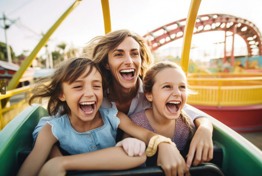 Deux petites filles dans un manège avec leur mère