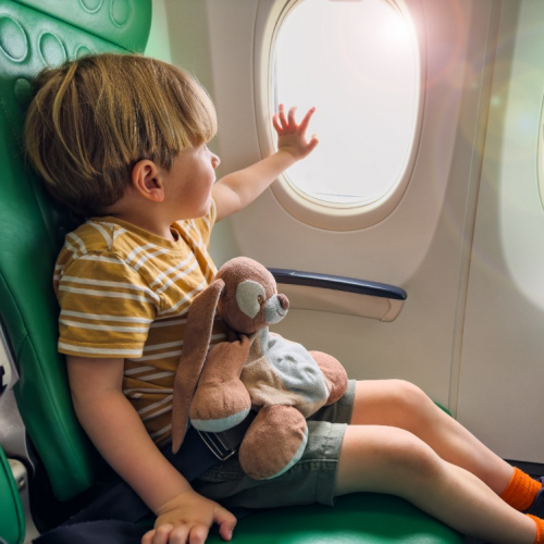 Enfant dans un avion avec son doudou