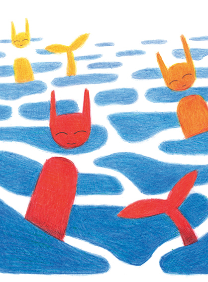 Dites ouïes 2025 : illustrations, petits personnages aux oreilles pointues et avec une queue de sirène dans l'eau
