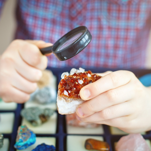 Le salon international des minéraux : Un enfant observe des pierres précieuses à la loupe