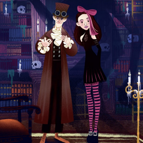 Les ExploRaconteurs : Affiche du spectacle, dessin d'un homme et d'une femme dans une sorte de manoir hanté