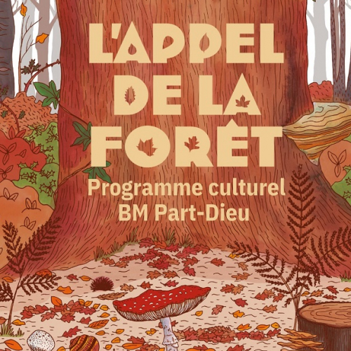 Expo L'appel de la forêt : Affiche, le dessin d'un tronc d'arbre et de sa végétation au sol