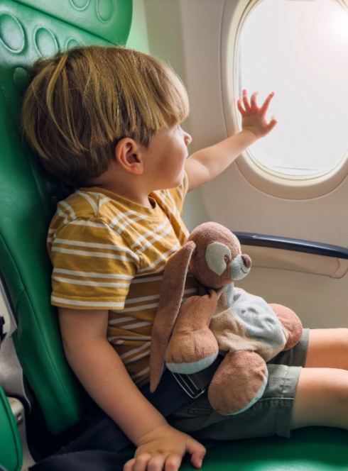 Enfant dans un avion avec son doudou