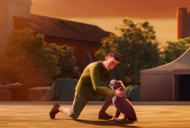 Stubby : un soldat caresse Stubby