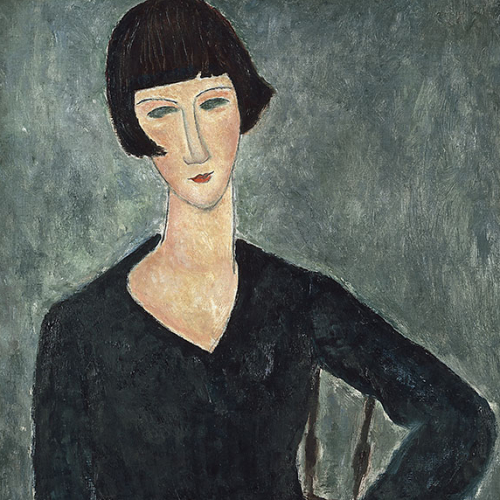 Femme assise à la robe bleue