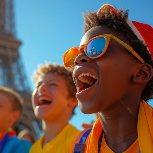 Des enfants face à la Tour Eiffel pour les Jeux olympiques