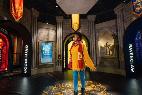 Une fillette choisit sa maison Poudlard à l'expo Harry Potter