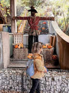 Halloween au Parc des Oiseaux : Petite fille devant un épouvantail et des citrouilles