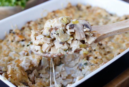 Gratin de crozets aux champignons, poireaux et comté